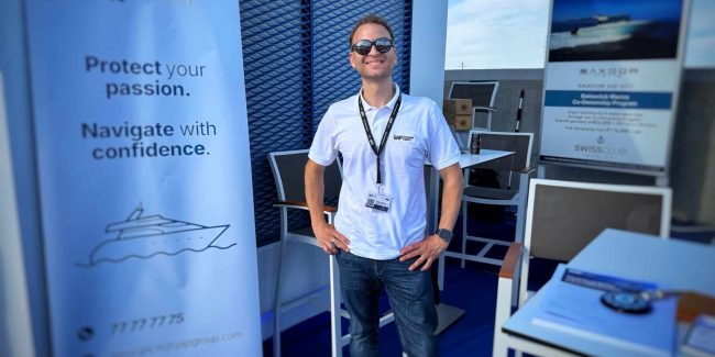 George Karapateas, Manager of G.A.P. Insurance Agency, representing the brand at the 2025 Limassol Marina Boat Show.